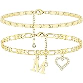 Wremily Initial Ankle Bracelets for Women Waterproof 14K Gold Plated Dainty Layered Figaro Chain Letter Initial CZ Heart Ankle Bracelets Set Summer Beach Jewelry for Women
