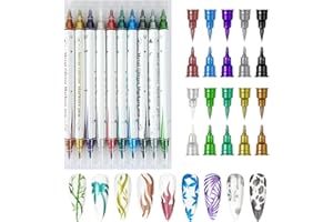 Gorvalin 10 Colors Double Ended Metallic Nail Art Marker Pens, 3D Metallic Nail Graffiti Dotting Drawing Point Pen Sets Nail Art Painted Pen Nail Design Kit for Nail Design Nail DIY Decoration