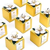 Affrolling 50 Pcs Wedding Favor Boxes with Thanks Card Square Flower Candy Boxes Paper Bridal Gift Box for Guests Wedding Bridal Shower Birthday Party Anniversary (Gold)