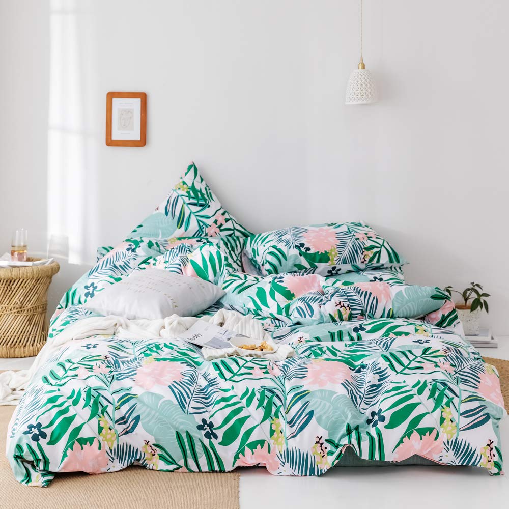 mixinni Botanical Duvet Cover Set, 100% Cotton Bedding, Pink Flowers and Green Leaves Floral Garden Pattern Printed on Soft Quilt Cover Set with Hidden Zipper and Corner Ties(3pcs, Queen/Full Size)