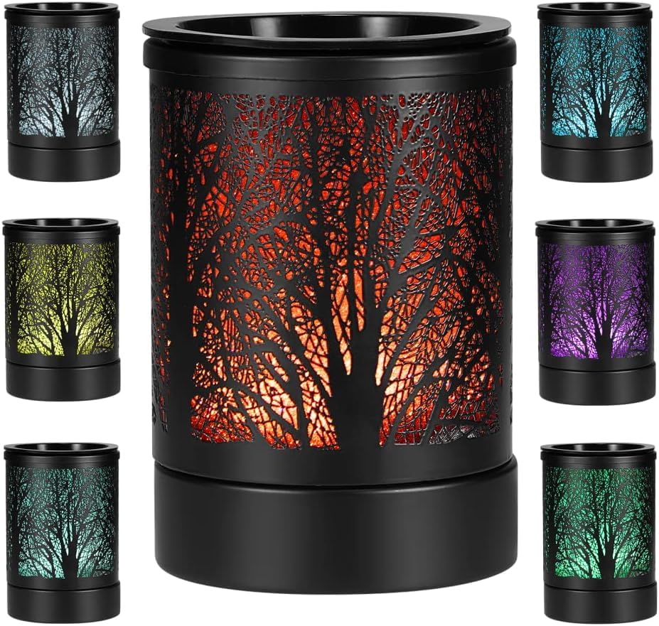 Electric Melt Burner, Electric Wax Melt Warmer 7 Colors LED Changing Light Wax Melts Burner Metal Oil Burner Lamp with Replacement Silicone Tray, Fragrance Wax Burner for Home Office Decor (BLACK)