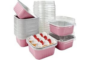 50 Pack Mini Cake Pans with Clear Lids, Disposable Aluminum Foil Ramekins, Square Pink Baking Tins(9x6.7x3.5cm, 5oz)