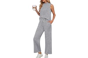 Lepunuo Two Piece Sets for Women Summer Mock Neck Sleeveless Top Wide Leg Pants Lounge Sets Vacation Travel Outfits