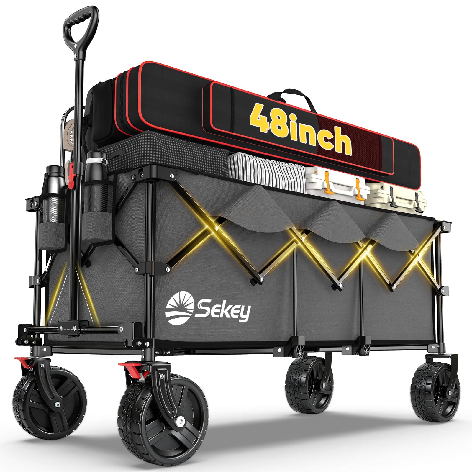 Sekey 48''L Collapsible Foldable Extended Wagon with 660lbs Weight Capacity, Heavy Duty 300L Folding Utility Garden Cart with Big All-Terrain Beach Wheels & Drink Holders. Grey Image