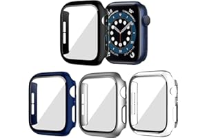 BHARVEST 4 Pack Hard PC Case Compatible with Apple Watch SE 2022/Series 6/5/4/SE 44mm, Case with Tempered Glass Screen Protector Bubble-Free Cover for iWatch Accessories, Black+Blue+Silver+Clear