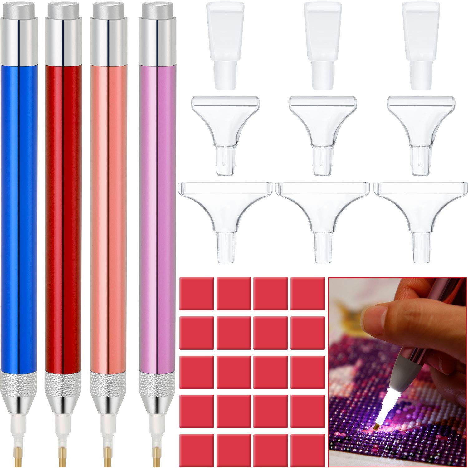 Maitys 4 Pieces LED Diamond Painting Drill Pen 5D Luminous Diamond Painting Pen Accessories with 20 Clay Glue Paint, 9 Pen Heads (Pink, Gold, Blue, Red)