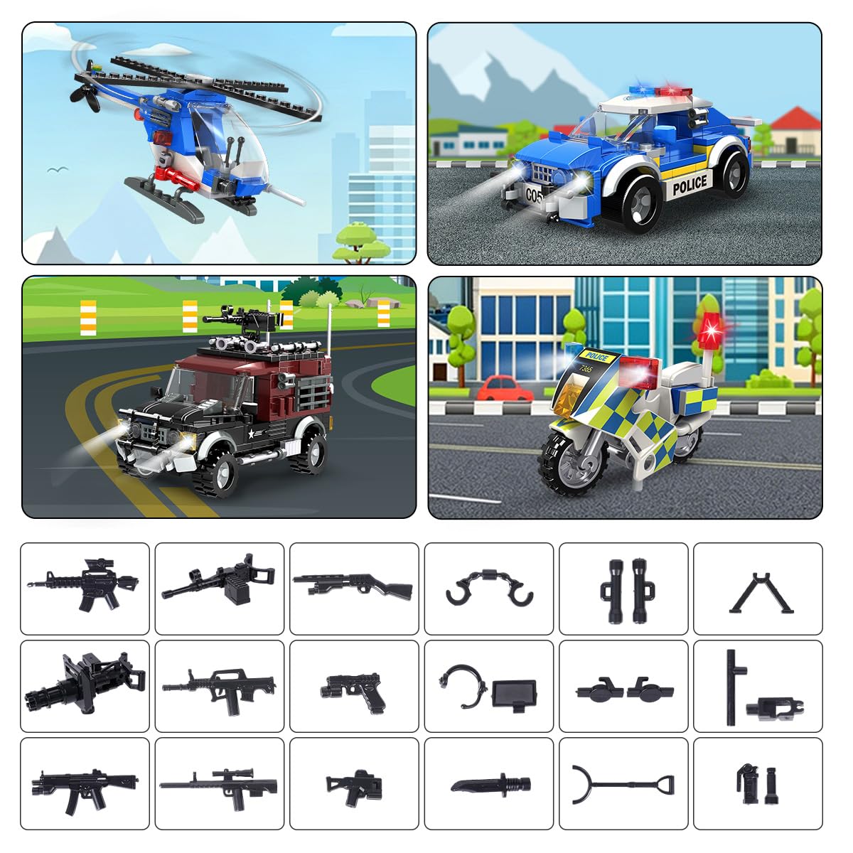 HOGOKIDS Polizeistation Bausatz – City-Polizei Baustein-Spielzeug für Jungen mit Hubschrauber, Motorrad, Auto Pädagogisches Konstruktionsspielzeug Kreativ-Geschenk für Kinder Jungen ab 6-10+ Jahren 7