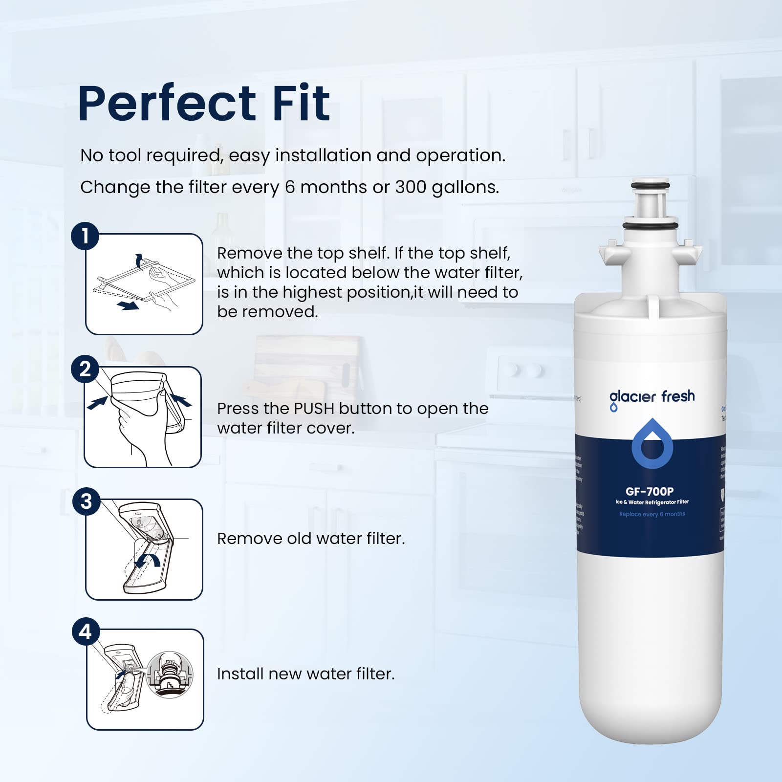 GLACIER FRESH for LG LT700P Refrigerator Water Filter, Replacement for LT700PC, ADQ36006101, ADQ36006102, RWF1200A, Kenmore 9690, AGF80300801, LFXC24726S, LMXS27626S and LT120F Air Filters, 3 Packs