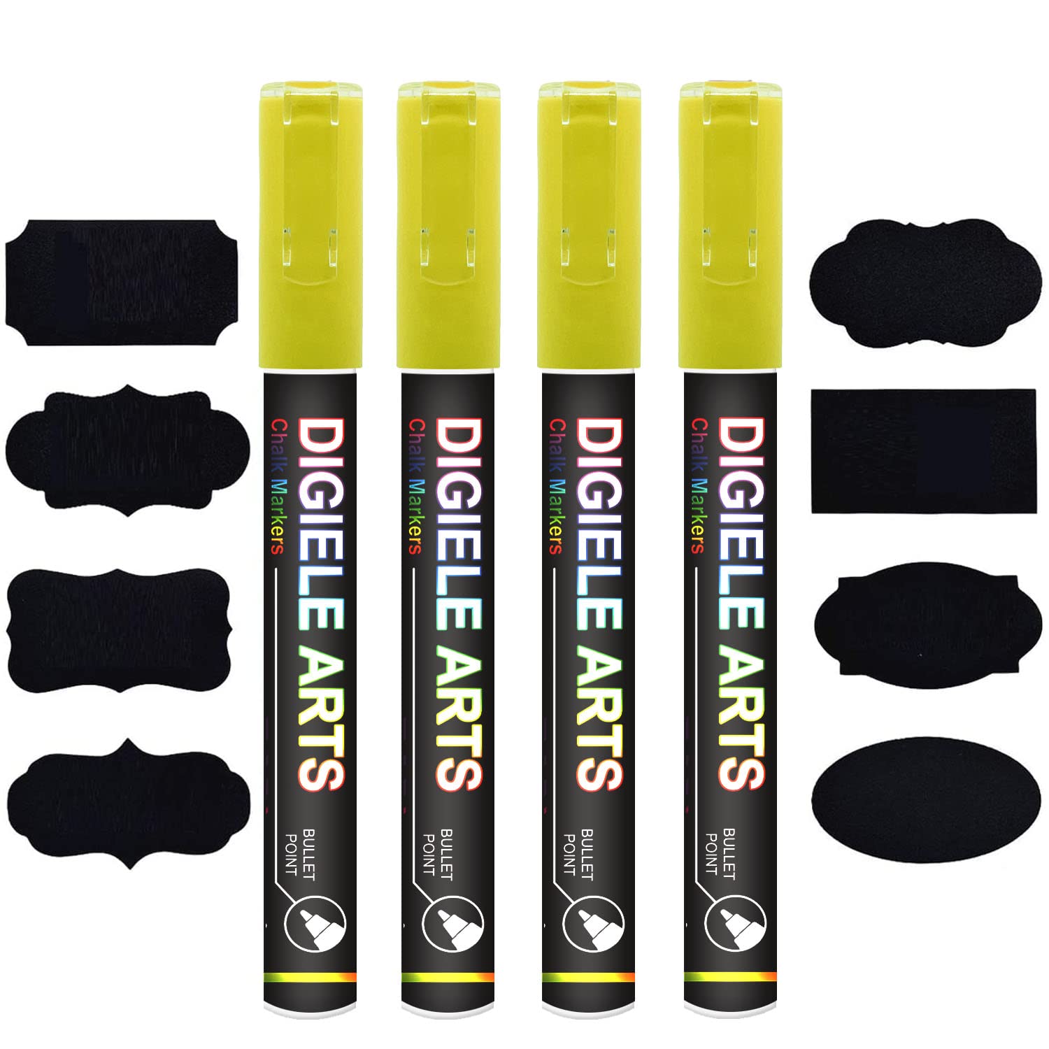 Yellow Chalk Marker Pens, DIGIELE 3mm Yellow Liquid Pen Markers, Dry or Wet Wipe Erase, Reversible Bullet or Chisel Tip for Blackboard, Whiteboard, Window & Glass, 4 Pens & 16 Chalkboard Labels Packed
