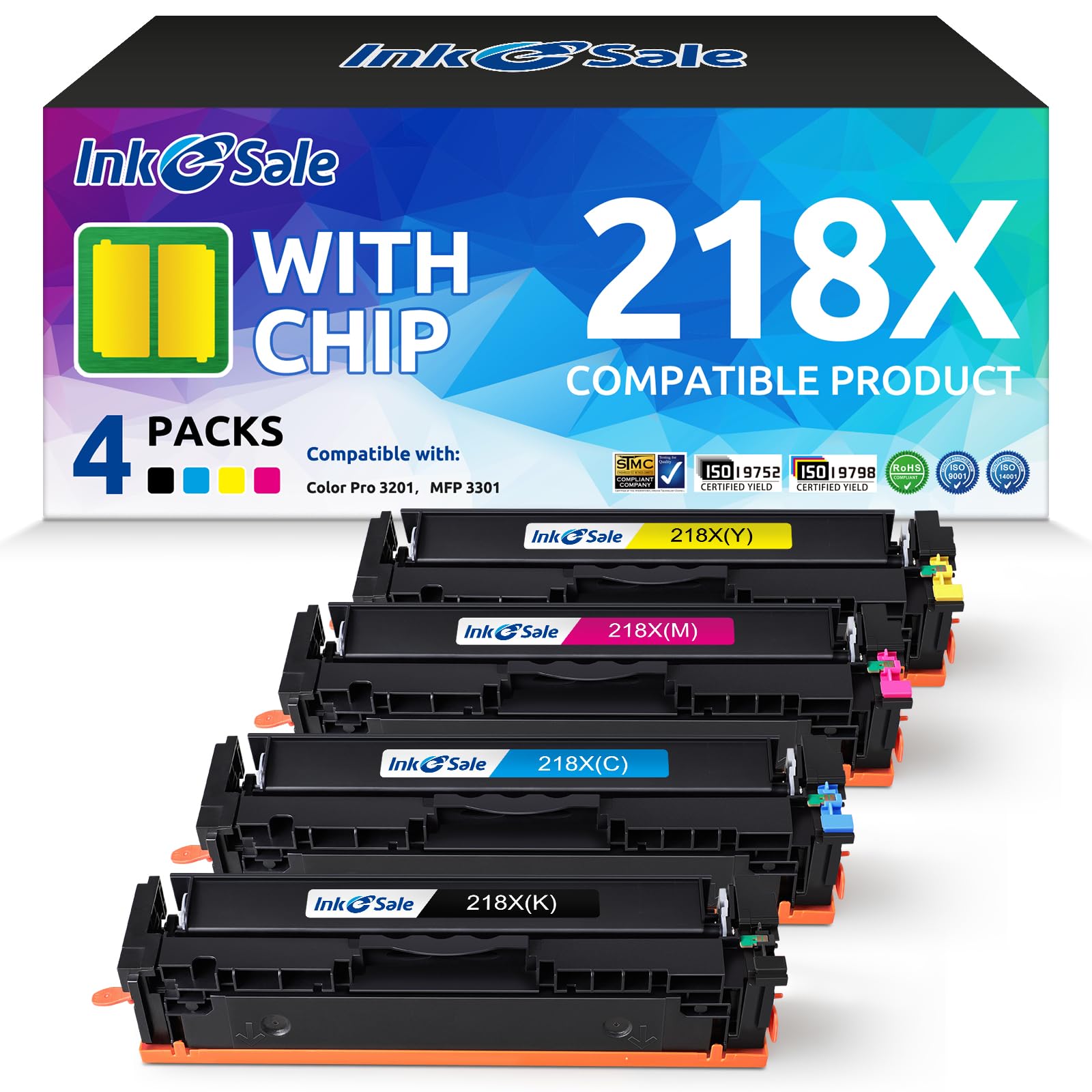 Photo 1 of 218X Toner Cartridge 4 Pack High-Yield with Chip Compatible Replacement for HP 218X W2180X W2181X W2182X W2183X 218A Works with Color Pro 3201 3201dw MFP 3301 3301cdw 3301fdw 3301sdw Printer