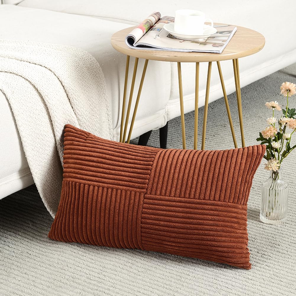 Photo 1 of Fancy Homi Rust Lumbar Decorative Throw Pillow Covers 12x20 Inch for Couch Bed Sofa, Rustic Farmhouse Boho Home Decor, Soft Striped Corduroy Rectangle Accent Terracotta Cushion Case 30x50 cm