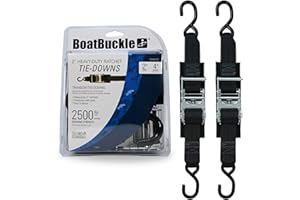 BoatBuckle F14207 Transom Boat Tie Down Straps to Trailer, 2-In x 4-Ft, 2-Pack, 2500lbs Break Strength Each, Heavy Duty Ratchet Straps Transom Tie-Downs, Zinc-coated Steel Ratchet & Rubberized S-Hooks