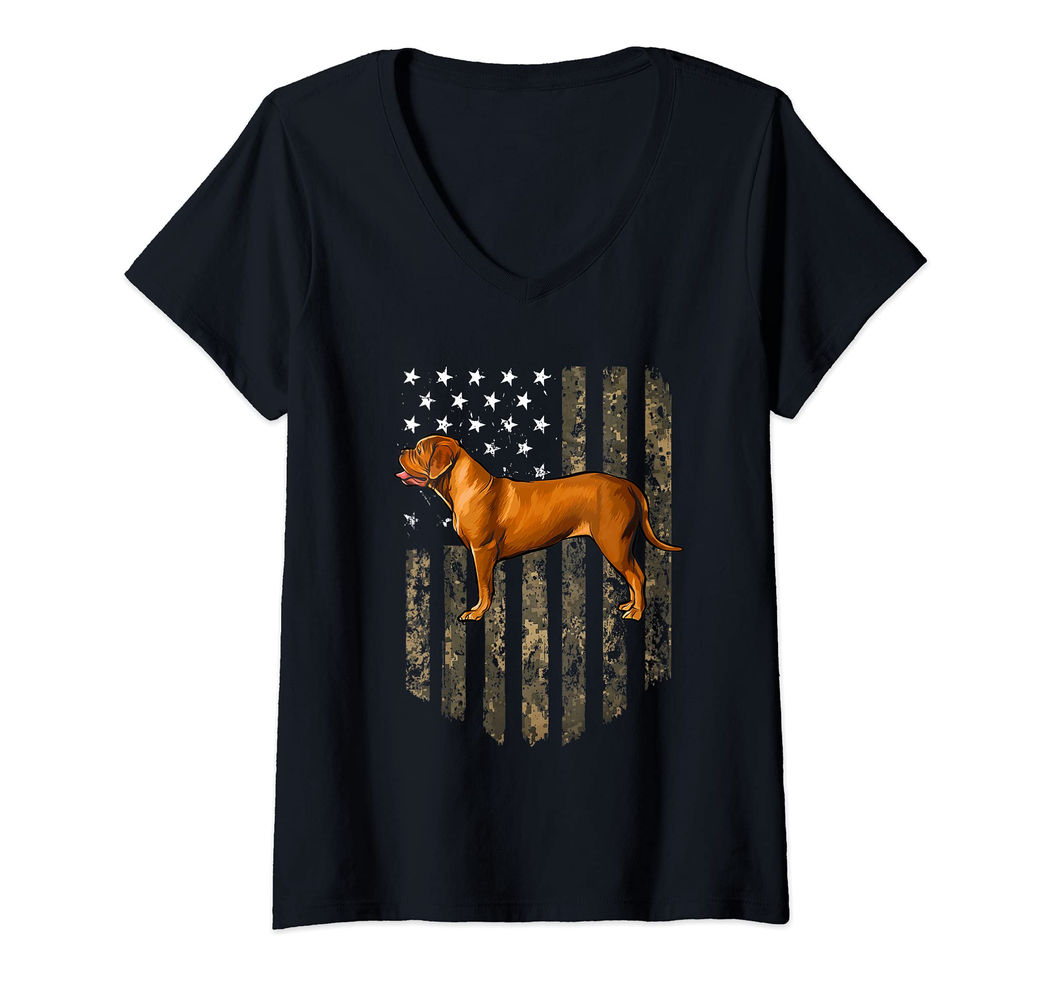 Womens Camo American Flag Dogues de Bordeaux 4th Of July USA V-Neck T-Shirt