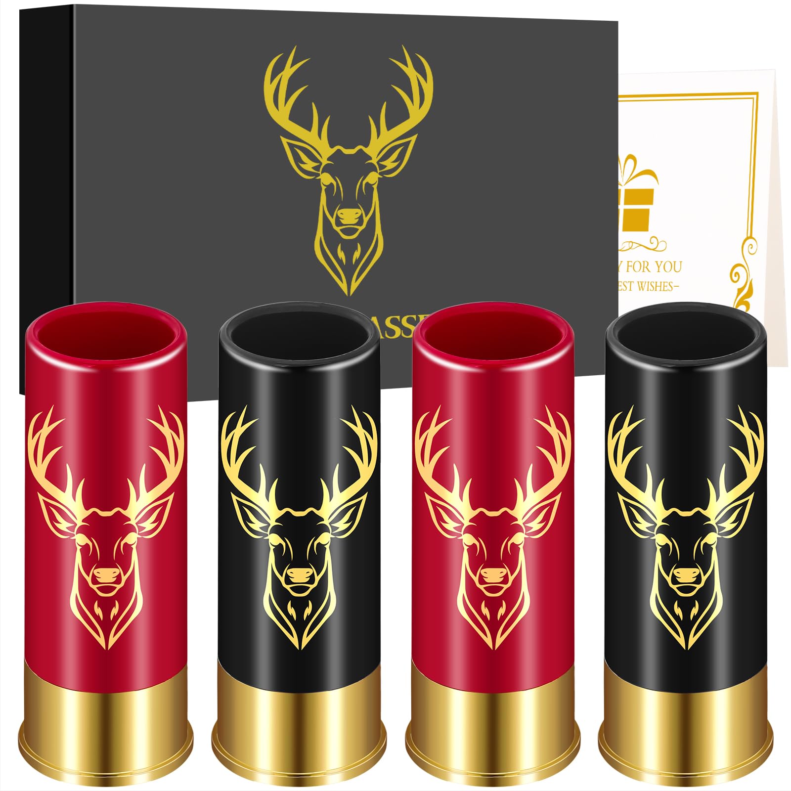 Deer Head Plastic Shot Glasses, Set of 4 with Gift Box, 12GA Stag Hunting Gifts, Novelty Shot Glasses for Men Women Wedding Party Gifts, Small Bullet Shot Cups for Whiskey Vodka Liquor, Black&Red