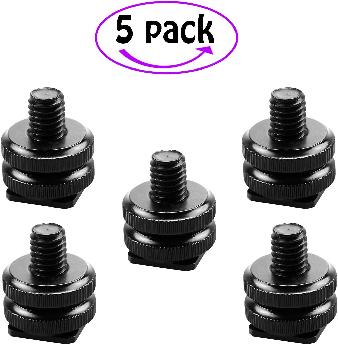 Camera 3/8"-16 Flash Hot Shoe Mount Adapter w/ Double Nuts to Tripod Screw Converter for DSLR Camera Rig Monitor LED Video Light (5 Pack)