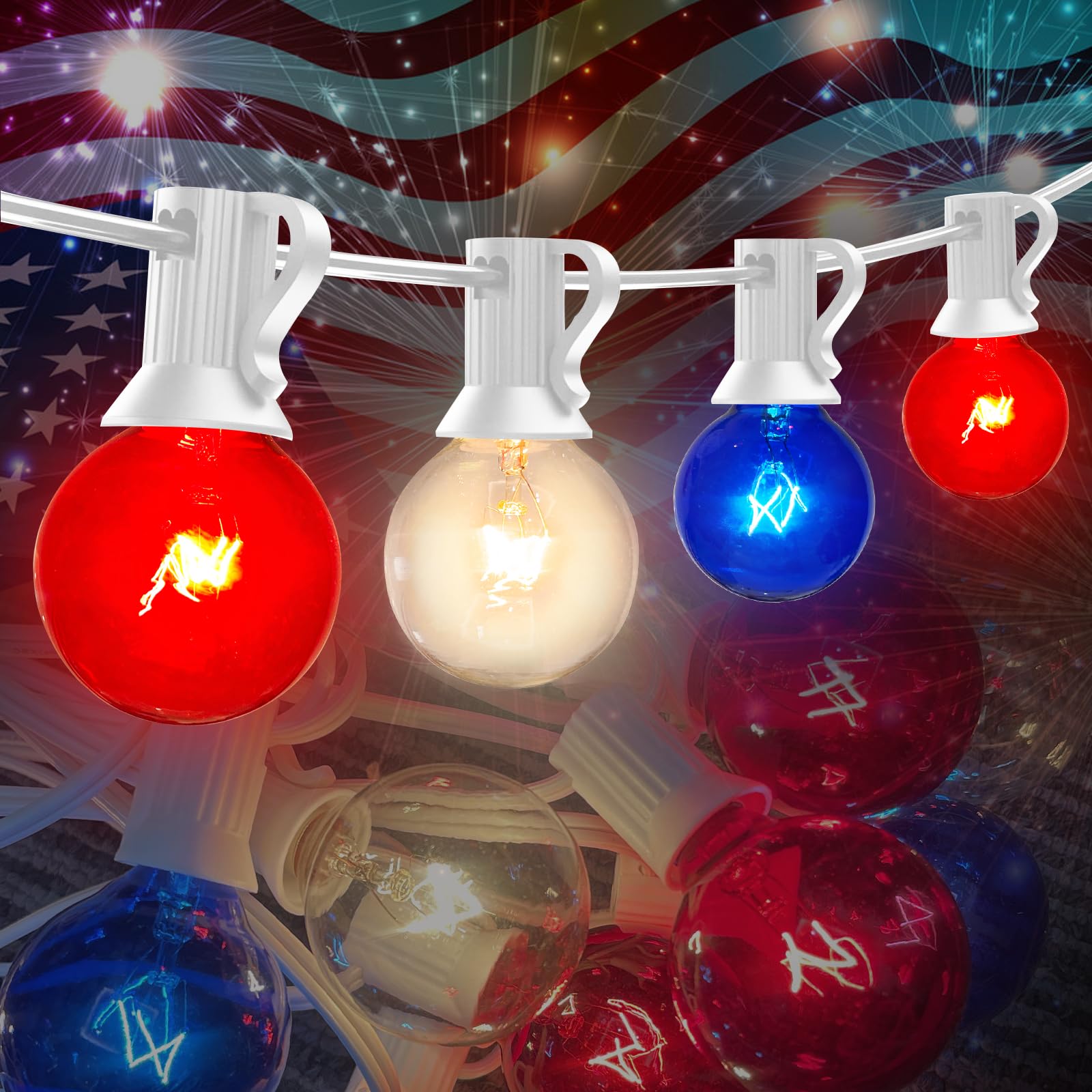Photo 1 of Bokoiuu 25FTG40 4th of July String Lights Comes with 25 Edison Waterproof Bulbs and 2 Spare Bulbs for Independence Day, Memorial Day, Commercial Grade Patio Lights, Garden or Patio Decor, White Cord