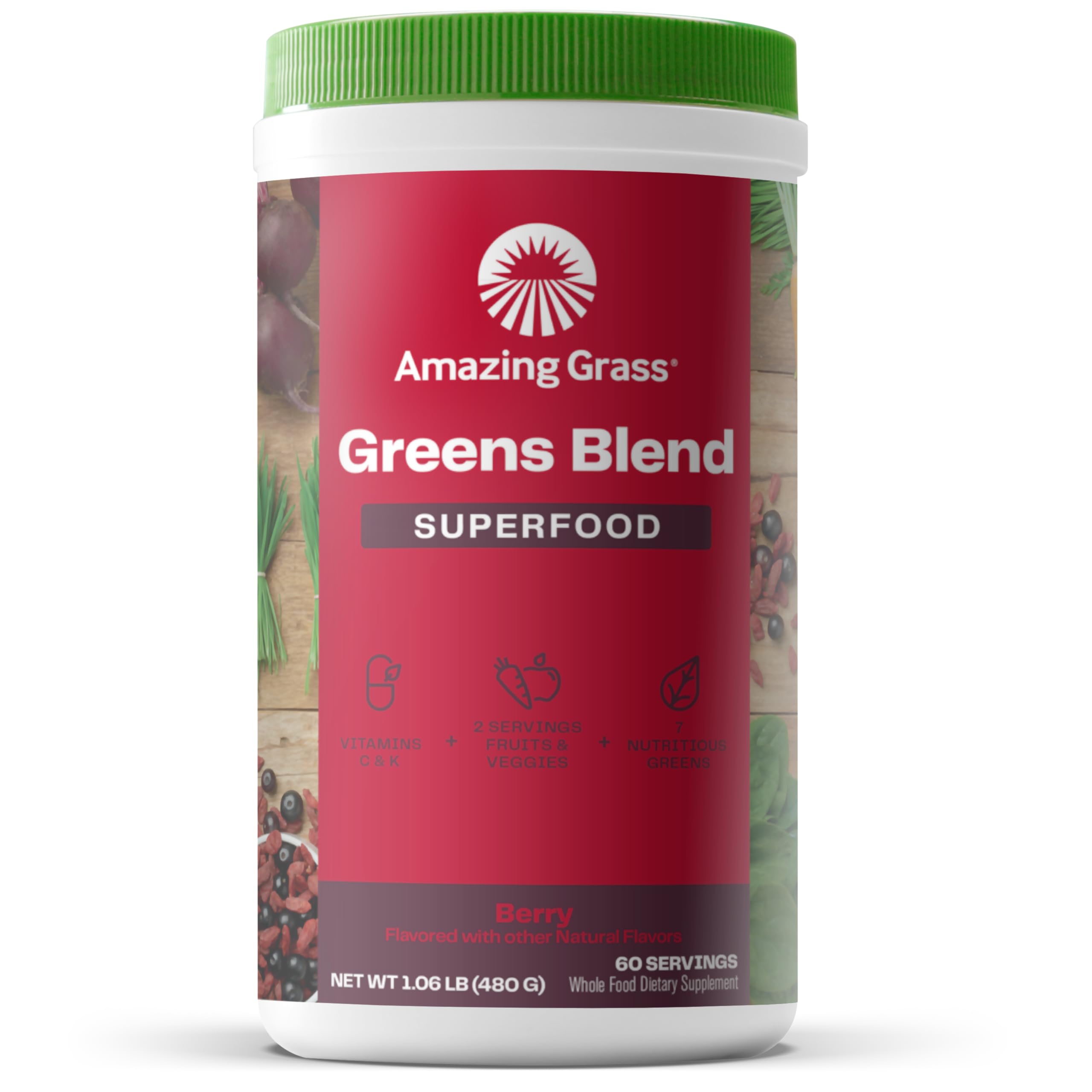 Amazing Grass Greens Blend Superfood: Super Greens Powder Smoothie Mix with Spirulina, Chlorella, Beet Root Powder, Digestive Enzymes & Probiotics, Berry, 60 Servings (Packaging May Vary)