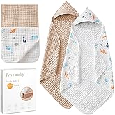 Fmebaby Hooded Baby Towels for Newborn 2 Pack, 36x36 Inch Muslin Cotton Baby Bath Towel and 2 Pack Washcloths for Babies, Soft and Absorbent Newborn Essential(Apricot and Dinasour)