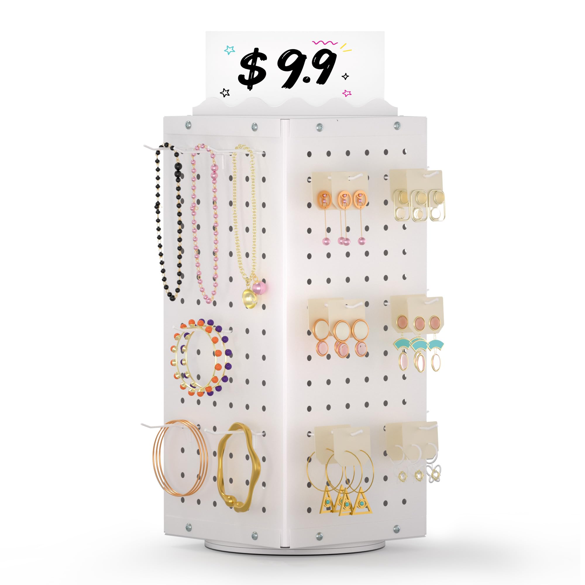 Photo 1 of Urban Deco Metal Spinning Peg Board Display Stand with Removable Hooks – Earring Display Stands, Jewelry Display for Vendors White