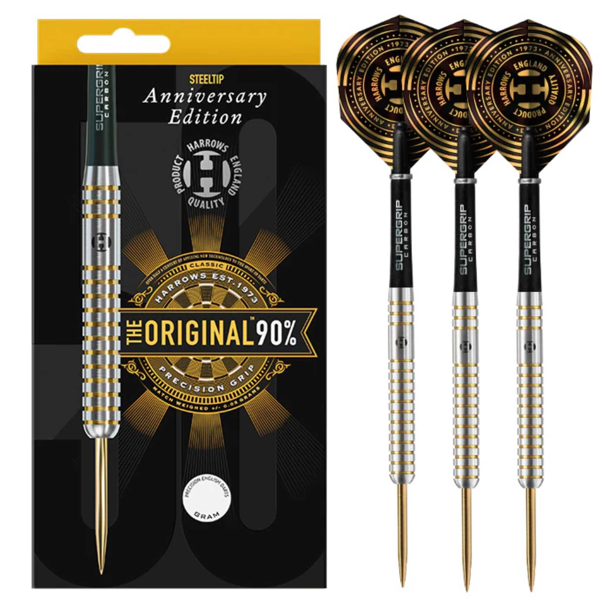 Harrows Original 90% Tungsten Steel Tip Darts Set. Available in 22g, 24g, & 26g - Includes Midi Supergrip Carbon shafts & New Anniversary 100 Micron Flights (24, Grams)