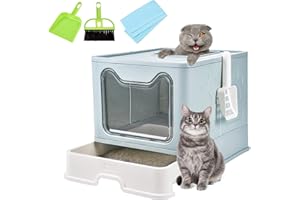 Homagico Foldable Cat Litter Box with Lid, Extra Large Front Entry Top Exit, Drawer Type Enclosed Kitty Litter Box with Litter Scoop, Anti-Splashing Toilet Easy Cleaning（Blue）
