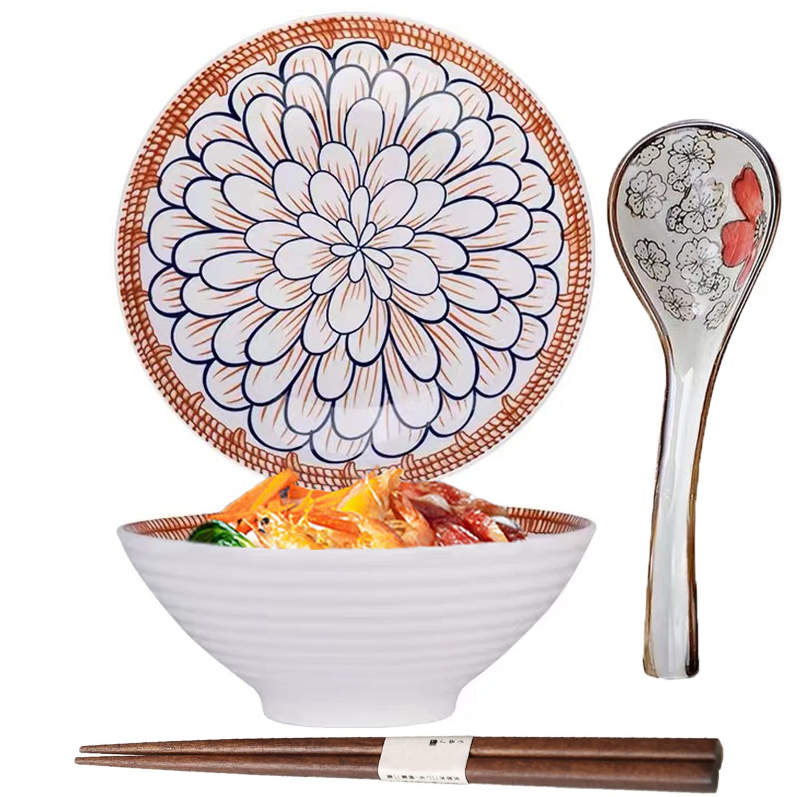 Ceramic Ramen Bowl Set,Large Porcelain Japanese Bowl,1100ml Japanese Noodle Soup Bowl,with Spoon Chopsticks,Salad Bowls (B)