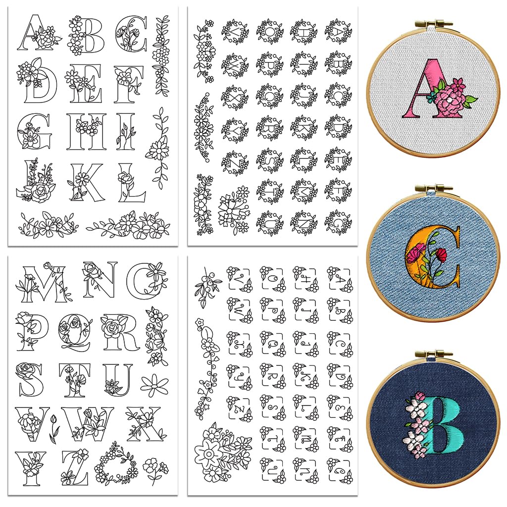 peacoblue Water Soluble Embroidery Patterns for Beginners 4 Sheets Alphabet Floral Wreath with 94pcs Patterns, Wash Away Stick and Stitch Embroidery Paper for Hand Sewing Lovers Women Adult