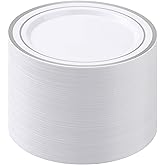 BESTSTAR 100PCS White Plastic Plates for Party, 10.25 Inch Disposable Plates with Silver Rim, Heavy Duty Dinner Plates for Wedding and Birthday
