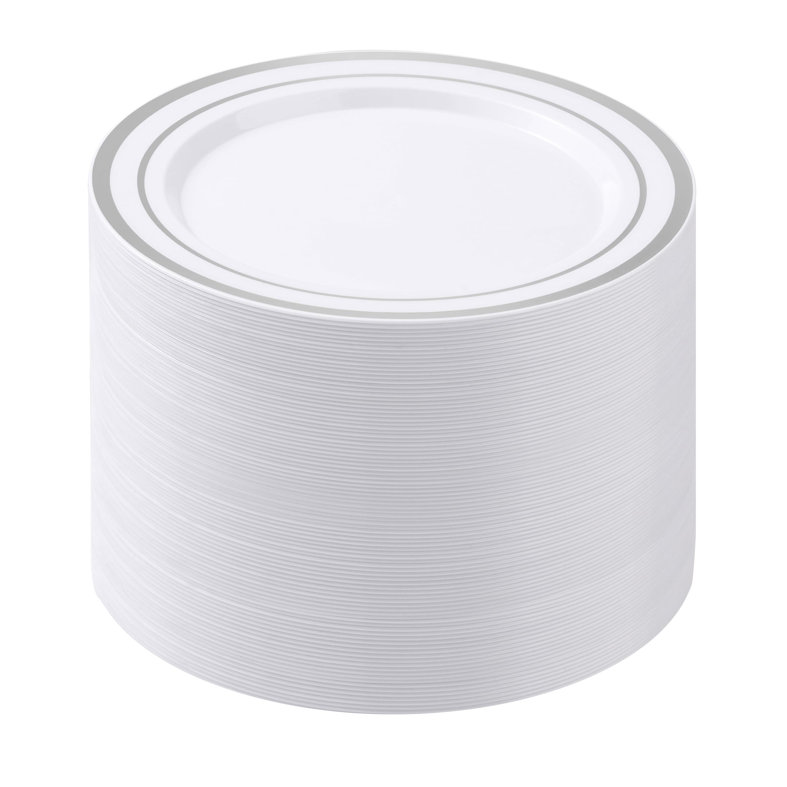 Photo 1 of BESTSTAR 100PCS White Plastic Plates for Party, 10.25 Inch Disposable Plates with Silver Rim, Heavy Duty Dinner Plates for Wedding and Birthday