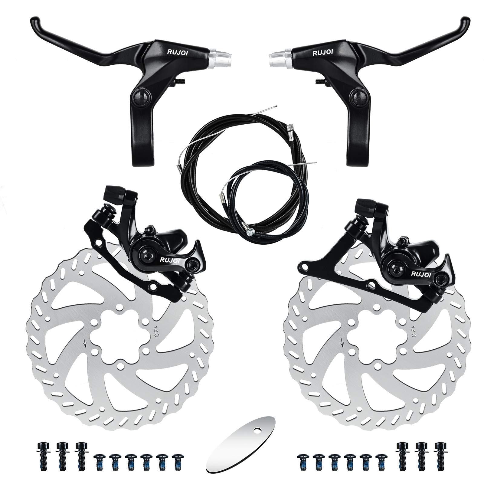 RUJOI Bike Disc Brake Kit, Aluminum Front and Rear Caliper, Full Aluminum Alloy Bicycle Brake Lever, 140mm Rotor, Mechanic Tool-Free Pad Adjuster for Road Bike, Mountain Bike