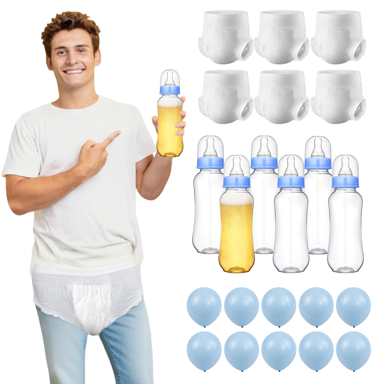 Photo 1 of Brikabia Bottle Chug Baby Shower Game Set - 6 Sets Hilarious Juegos para Baby Shower Big Bottles Adult Diapers Balloons for Bottle Chug Changing Diaper Race Gender Reveal Party Decorations