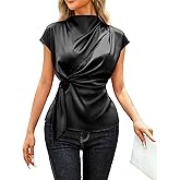 VIDUSSA Womens Dressy Casual Tops - Silk Satin Work Blouse Mock Neck Cap Sleeve Ruched Tie Front Peplum Tunic Shirts