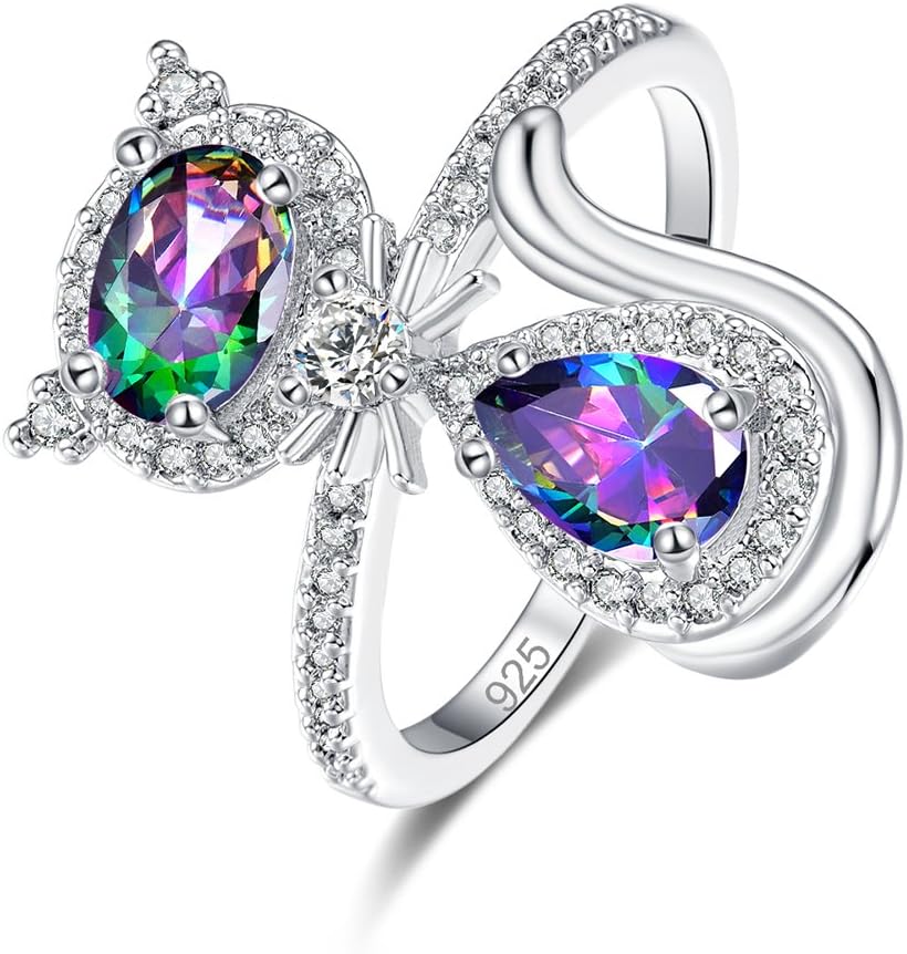 925 Sterling Silver Created Rainbow Topaz Filled Oval Cut Cute Cat Fashion Ring for Women
