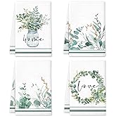 Lebsitey Green Eucalyptus Leaf Kitchen Towels, 4 Pack Love Sweet Home Quotes Eucalyptus Wreath Tea Dish Towels, Absorbent Drying Cloth Tea Towels for Cooking Baking,16×24IN (Green Leaves Towels)
