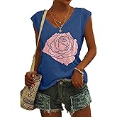 Fazortev Womens Cap Sleeve Blouses Rose Graphic Tees T-Shirt Casual V Neck Tank Tops Loose Fit Summer Basic Shirts