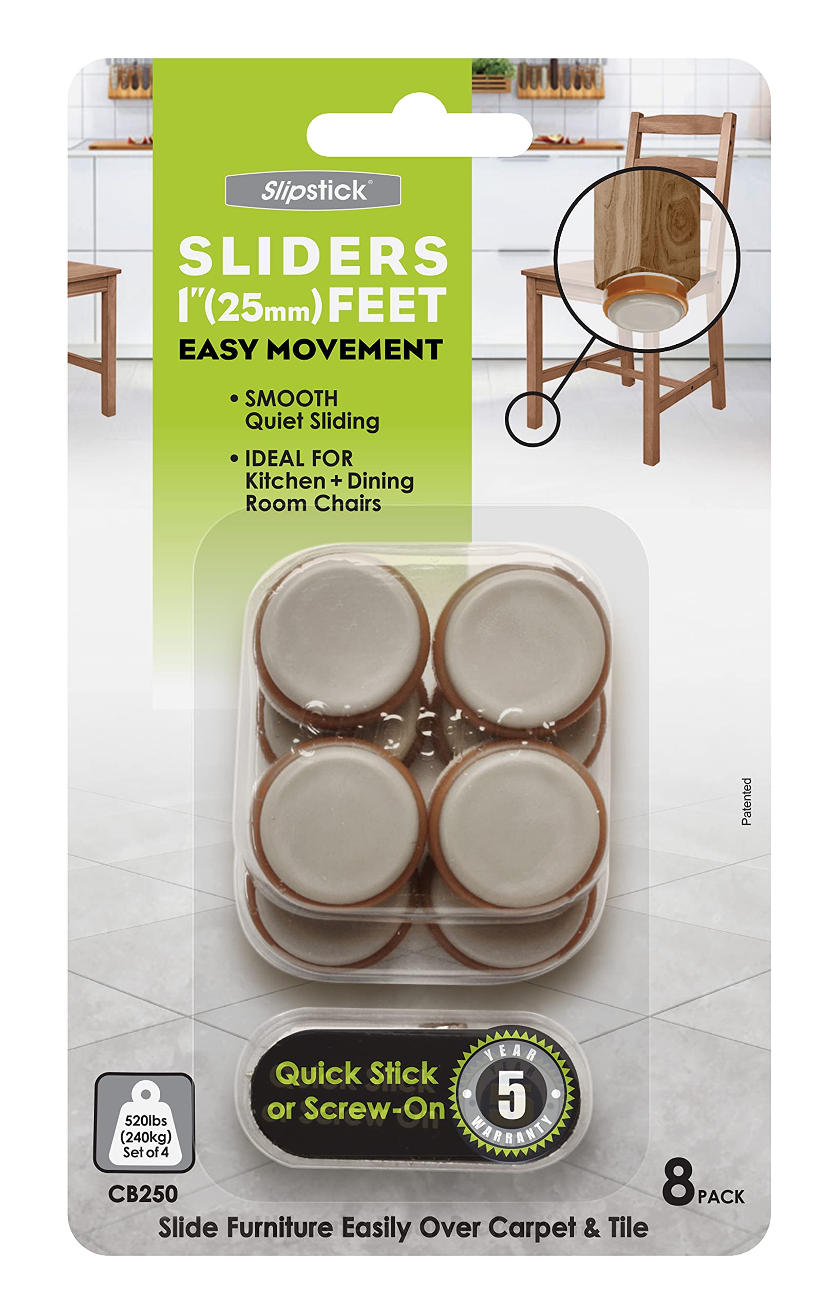 Slipstick CB250 Floor Protector Furniture Leg Glides / Chair Sliders (Set of 8) 25 mm Round Plastic Gliders - Self Stick or Screw On - Caramel