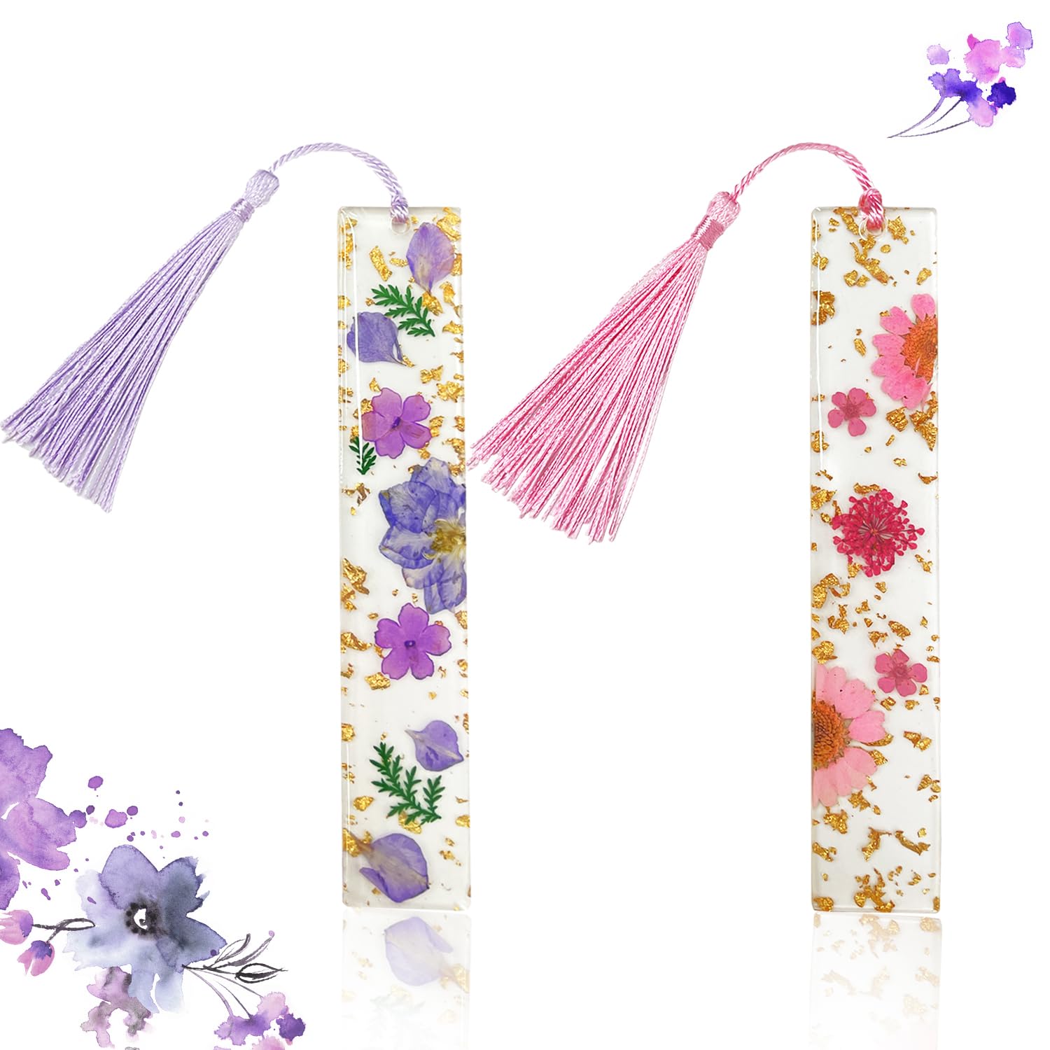 2 Pcs Dried Flower Bookmark with Tassel, Clear Resin Floral Bookmarks Handmade Cute Book Mark Pretty Gift for Reader Teacher Student Gift (Pink+Purple)