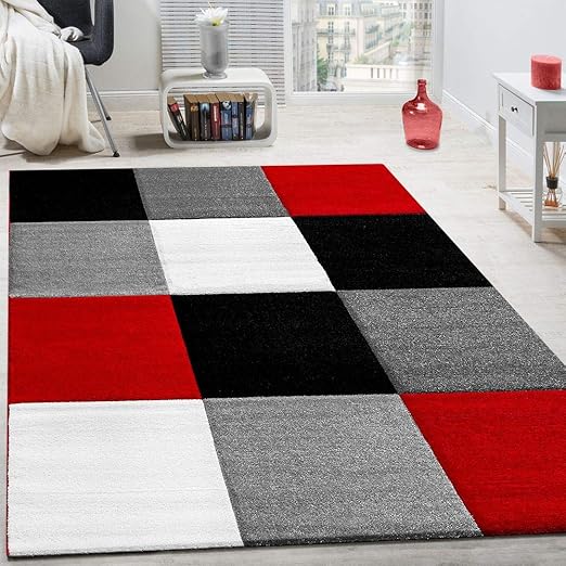 Paco Home Tapis Moderne Salon Poils Ras Carreaux Design Rouge Noir Gris Soldes Dimension120x170 Cm