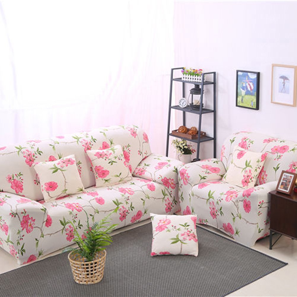 Homeofying Pink Flower Stretch Fitted Furniture Sofa Cover Slipcover for 1 2 3 4 Seater 4 Seater