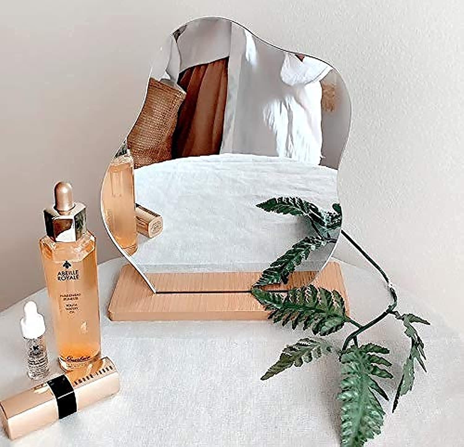 Photo 1 of G.Dori Irregular Aesthetic Vanity Mirror Frameless, Decorative Desk Tabletop Acrylic Mirrors with Wooden Stand for Living Room, Bedroom, Office and Minimal Spaces Home Decor - Cloud Shape