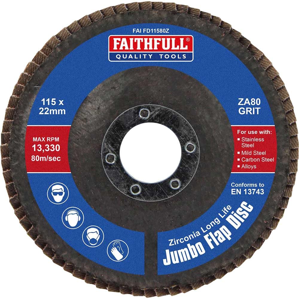 Faithfull FAIFD11580Z Zirconia Abrasive Jumbo Flap Disc 115mm x 22mm MEDIUM
