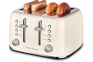 Toaster 4 Slice, Roter Mond Retro Stainless Steel Toaster with Extra Wide Slots Bagel, Defrost, Reheat Function, Dual Independent Control Panel, Removable Crumb Tray, 6 Browning Levels, Cream White