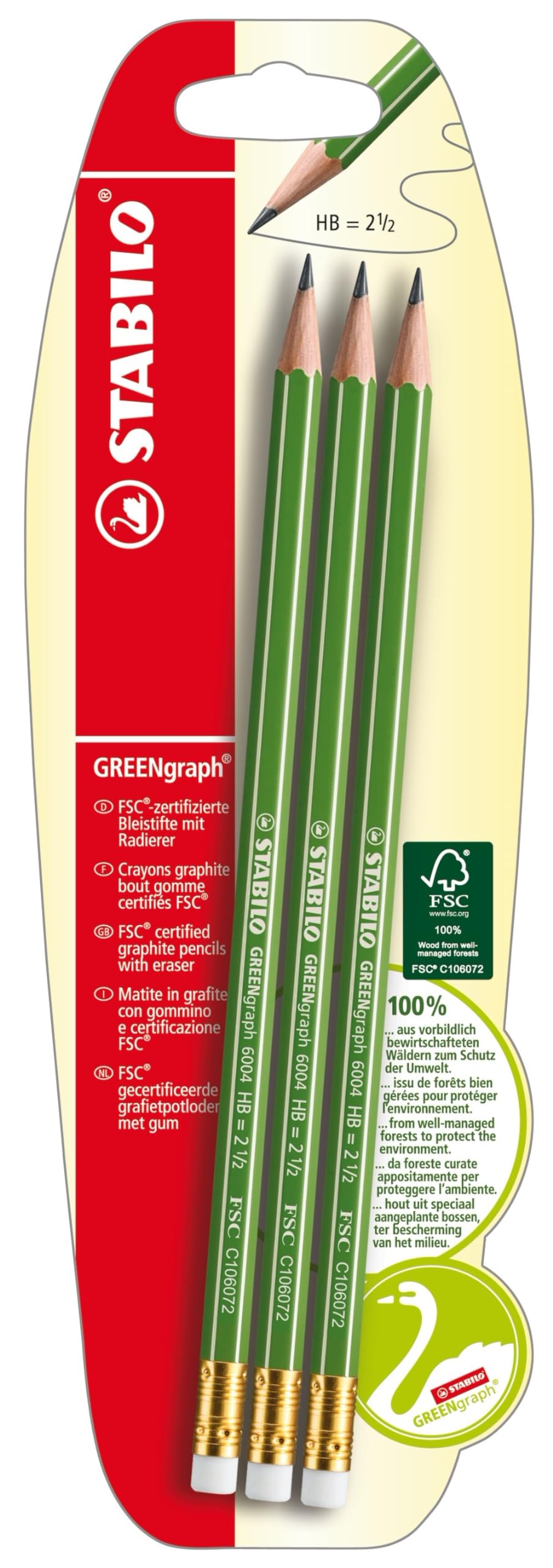 STABILO GREENgraph - FSC Certified Graphite Pencil with Eraser - Pack of 3 - Degree HB