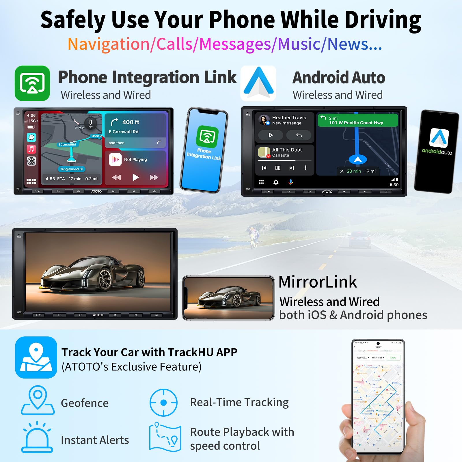 ATOTO A6PF Android Double-DIN Car Stereo, Wireless CarPlay, Wireless Android Auto, Mirrorlink, 7