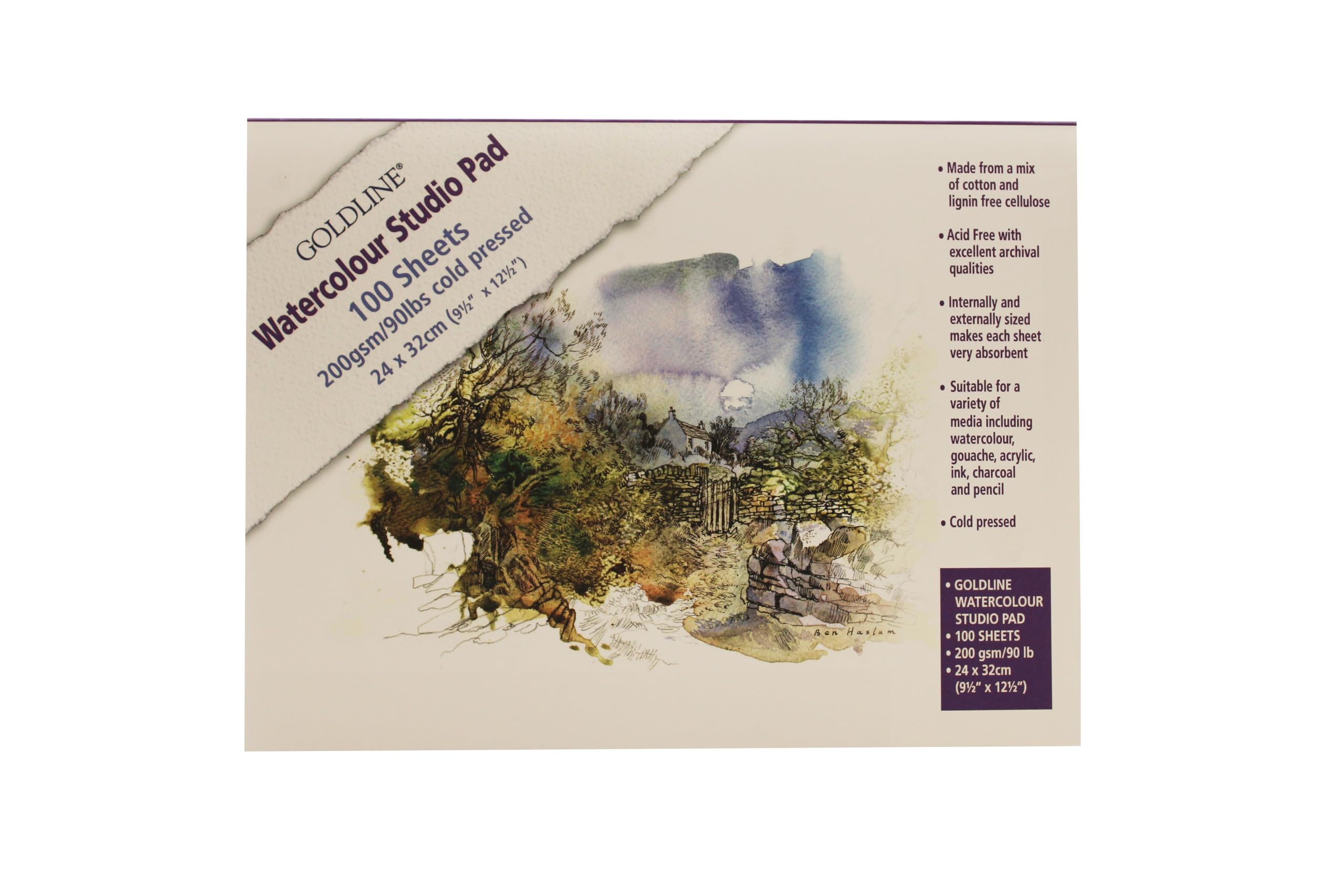 Clairefontaine - Ref 421/1021Z - Goldline Watercolour Studio Glued Pad (Pack of 100 Sheets) - 24 x 32cm in Size, 200gsm mix of cotton and cellulose, High Absorbency