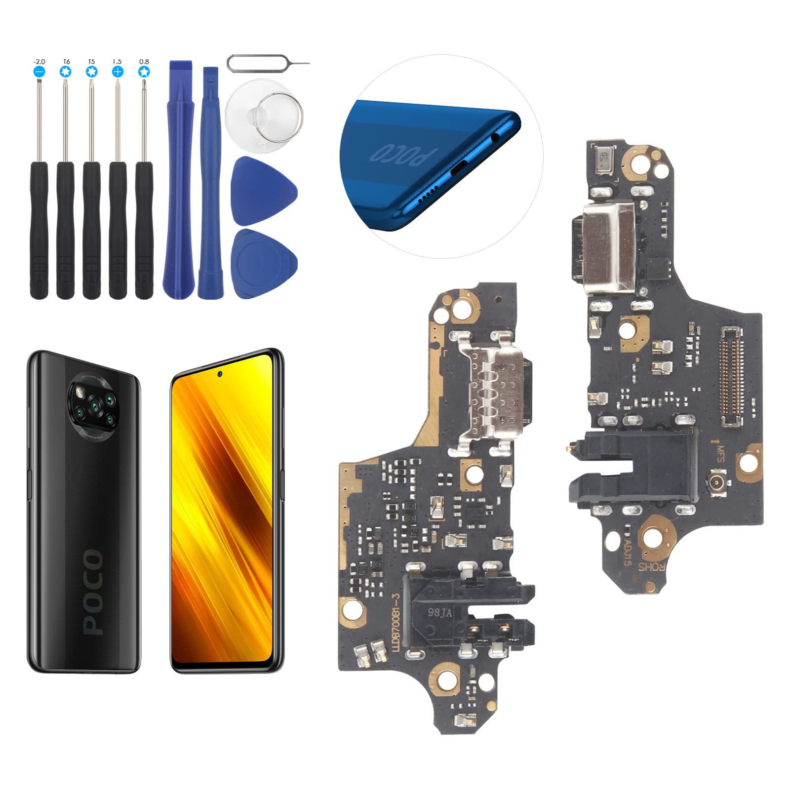 RongZy USB Charging Port for Xiaomi Poco X3 / Pro Dock Connector Charger Board Flex Cable Assembly Replacement for Poco X3 NFC with Tools