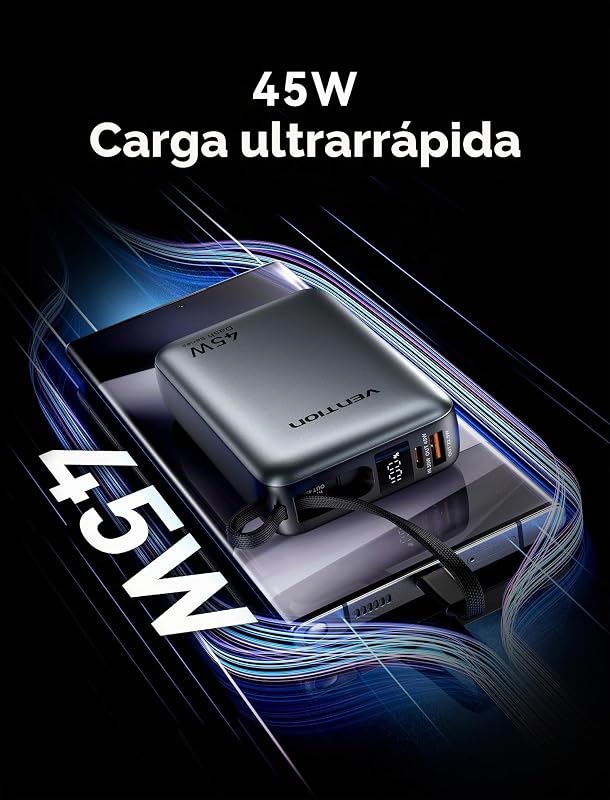 Mini Power Bank 45 W 20000 mAh com cabo USB-C integrado, carregador rápido PD/PPS, baterias externas para telemóvel com ecrã LED para iPhone 18/17/16, Galaxy S25/S24, iPad, computador