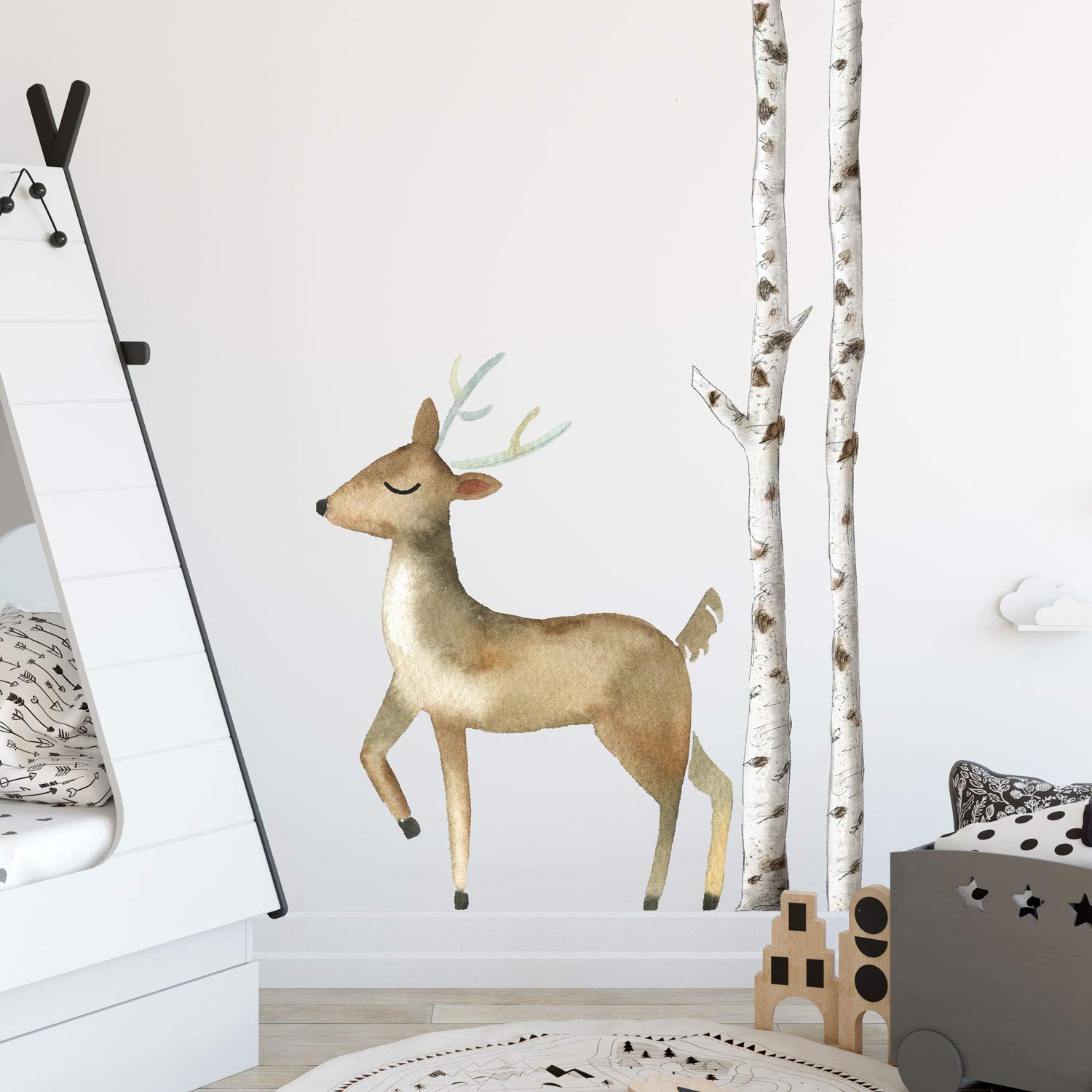 Stickerscape Watercolour Deer and Tree Wall Sticker (Option C) | Woodland Wall Stickers | Perfect for Decorating a Woodland Themed Bedroom or Nursery | Easy to Apply, Cleanly Removable