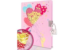 Diary with Lock for Girls, 7x5.5 Inches 160 Lined Pages Pink Heart Shakable Sequin Lock Notebooks for Kids Secret Girls Journ
