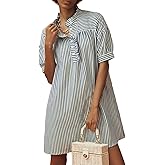 BLENCOT Womens Button Down Shirt Dresses Casual Striped Cotton Stand Collar Ruffle Puff Sleeve Summer Mini Dress